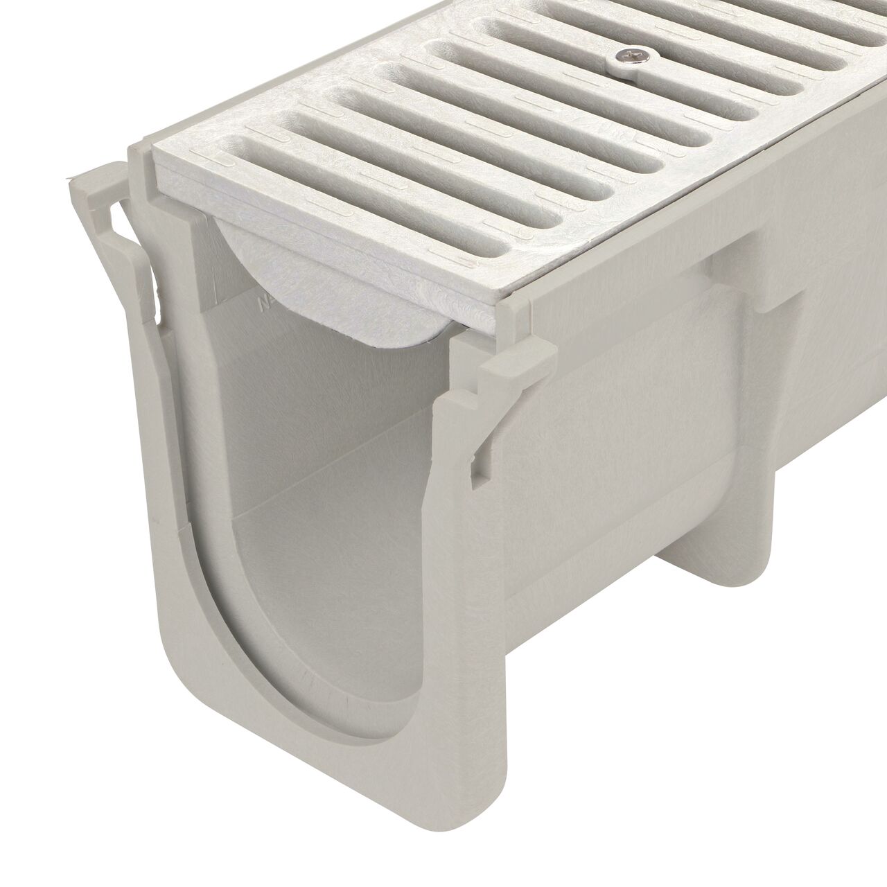 Closeup groove (female) side of the NDS 6.35 in. Deep Neutral Dura Slope Channel (NDS DS-097N) with the Standard Duraslope Light Gray Grate installed (NDS 661LG)