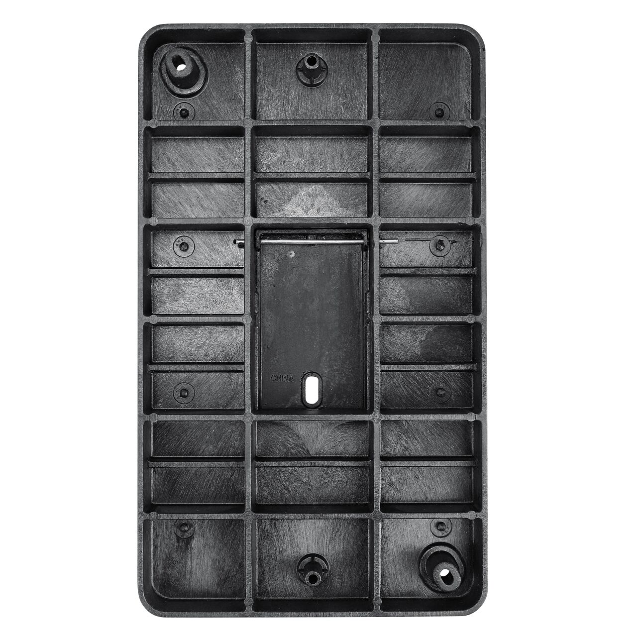 Top down view of the underside side of the Black Water Meter cover (NDS 121BCDMCIFB) for the NDS 13 in. X 24 in. Rectangular Standard Series Meter box with Bolt, showing reinforcing ribs that are load rated to withstand pedestrian traffic and and the hinged reader door for easy access
