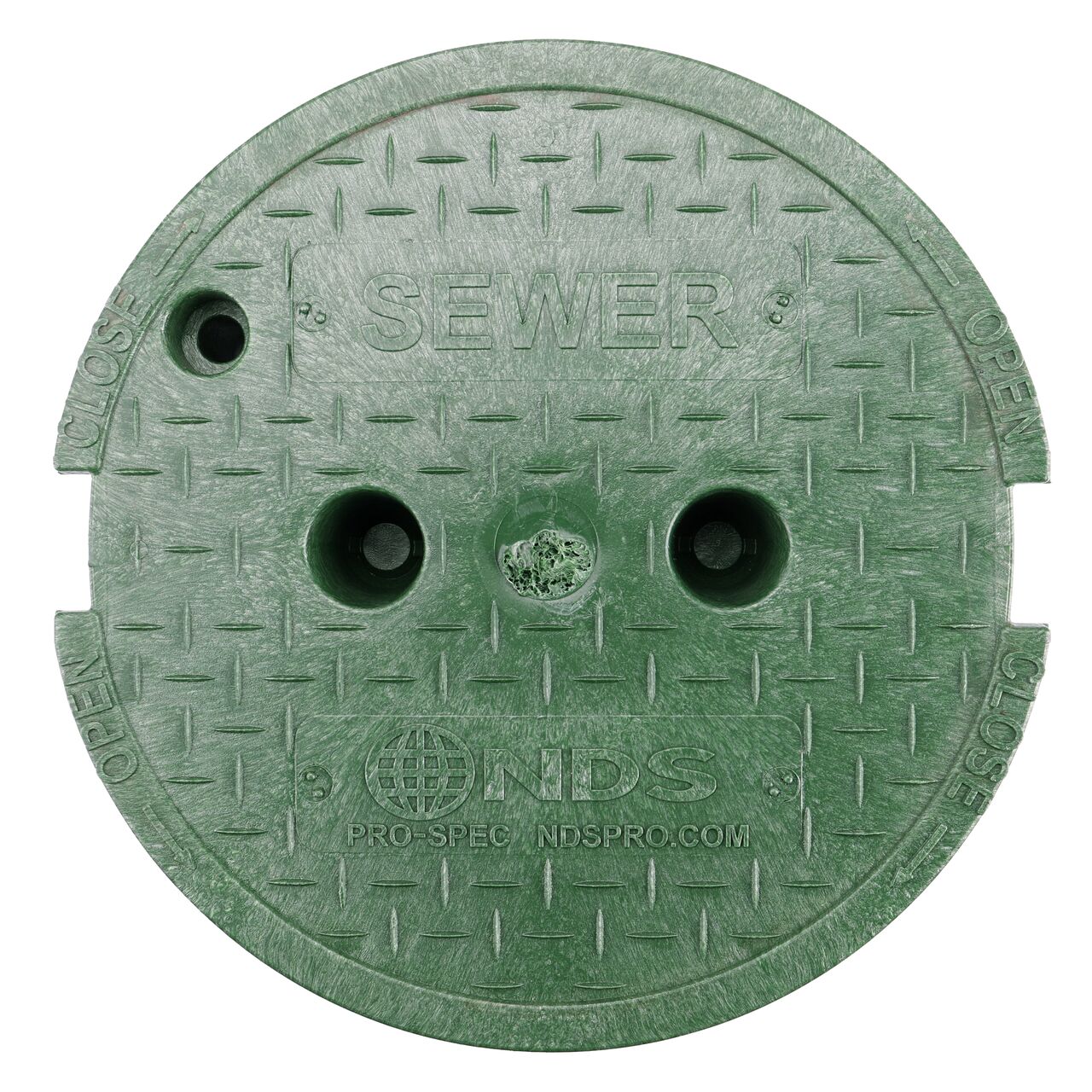 Top down view of the top side of the Green Sewer cover for the NDS 10 in. Round Pro-Spec® Series (NDS 311BCS) shows markings, two finger slots to twist and remove lid