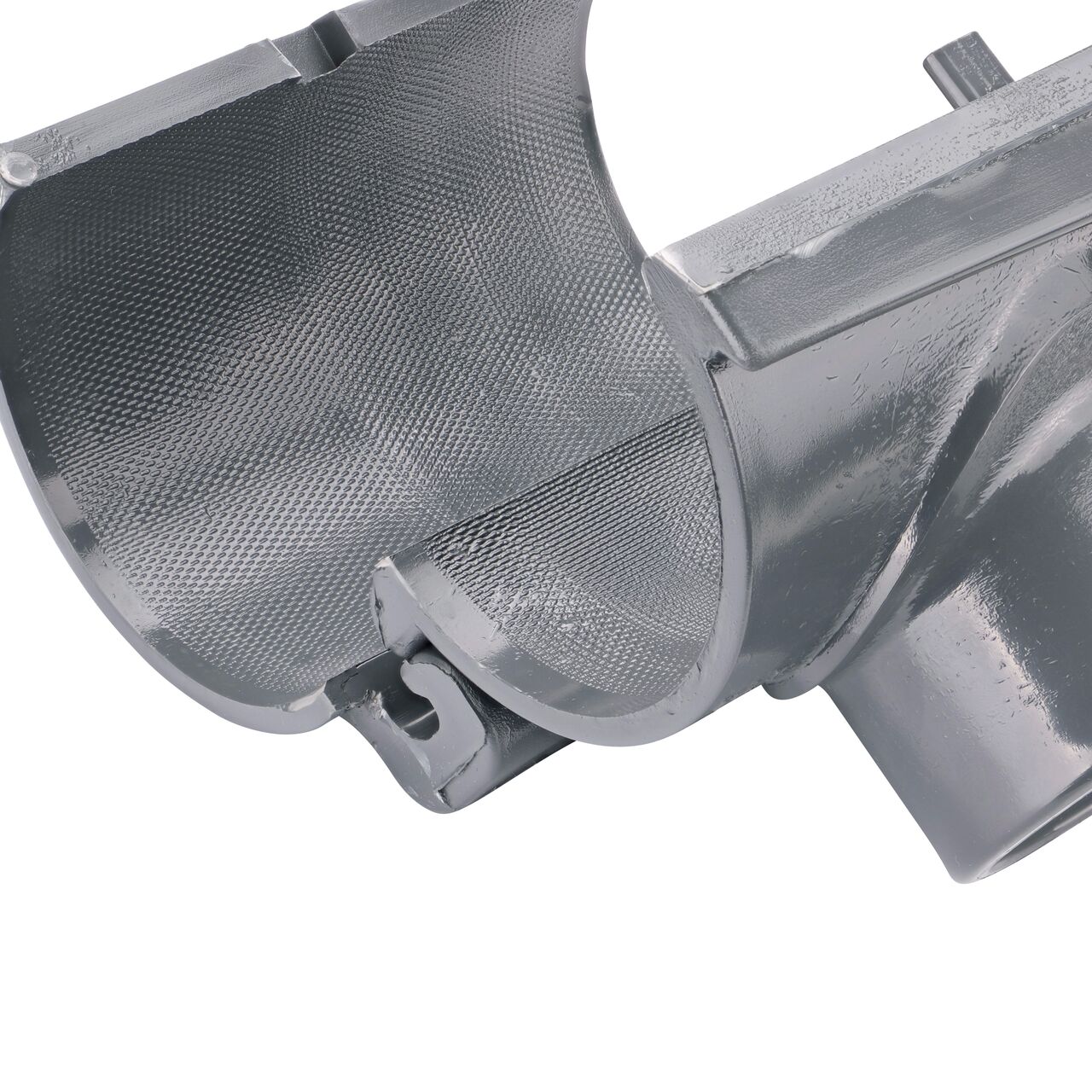 Closeup of the hinge open on the NDS Clamp-It™ Rigid PVC Saddle with 1-1/2 in. FPT connection on top (NDS 443015) for 3 in. PVC pipe