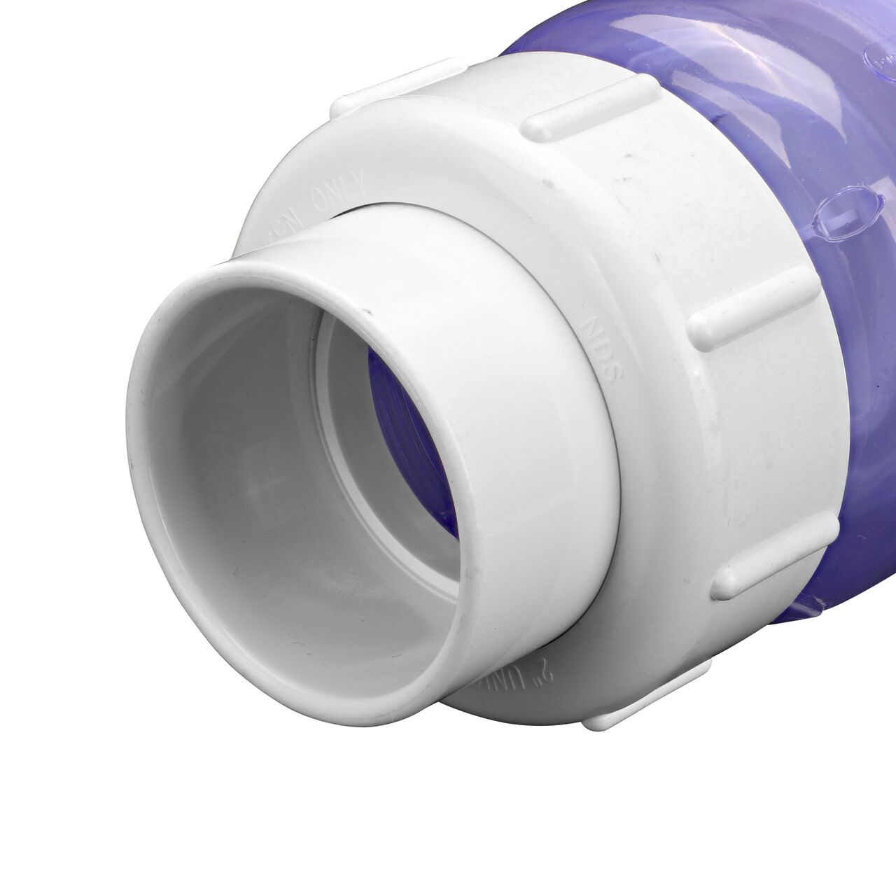 Closeup of the inlet end of the NDS Clear 2 in. slip end by slip end with 1/2 lb. spring PVC True Union Spring Check Valve (NDS 1700C20) which prevents backflow in pipelines