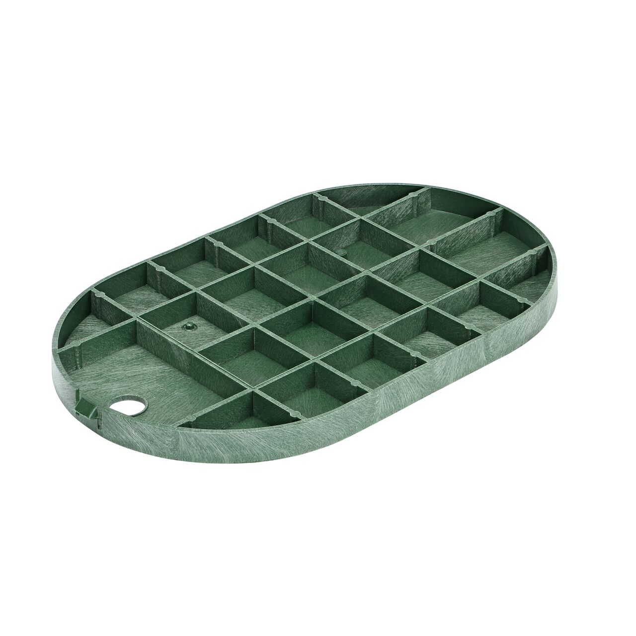 Bottom view of the reinforced ribs on the NDS 8 in. x 14 in. Green Control Valve cover (NDS M4-SGL) that fits the NDS 8 in. x 14 in. Standard Series Valve Box