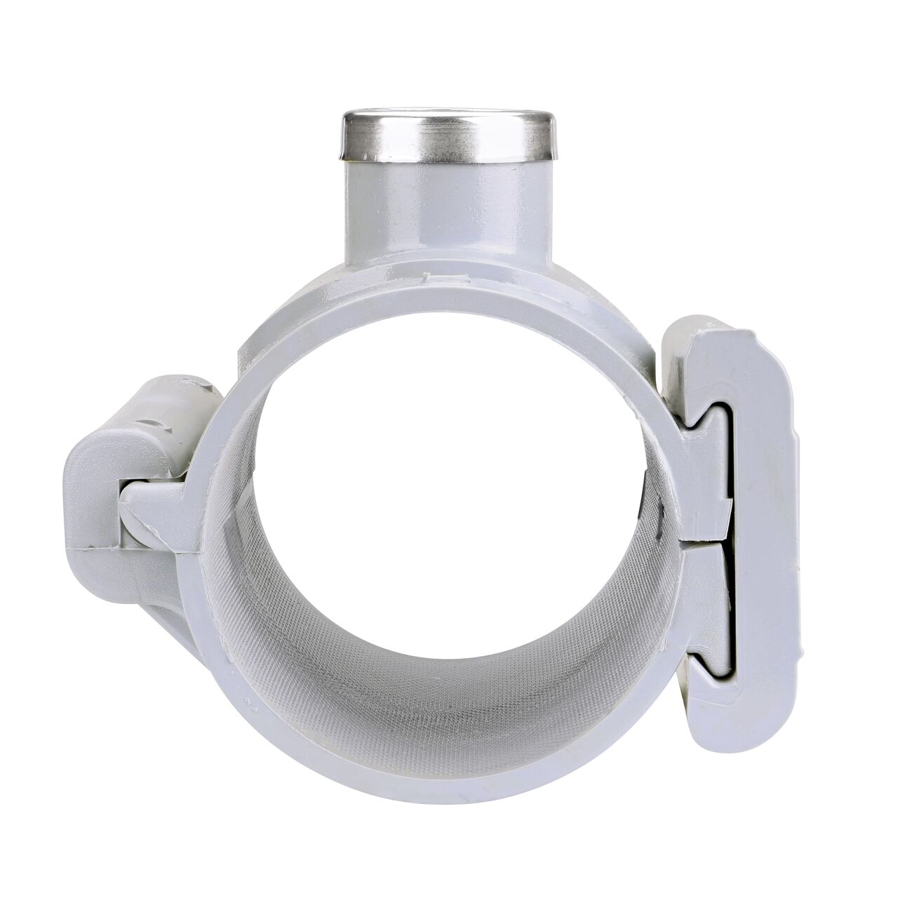 Front facing view of the NDS Clamp-It™ Rigid PVC Saddle with 1 in. FPT connection on top (NDS 443010) for 3 in. PVC pipe showing both the wedge and hinge sides