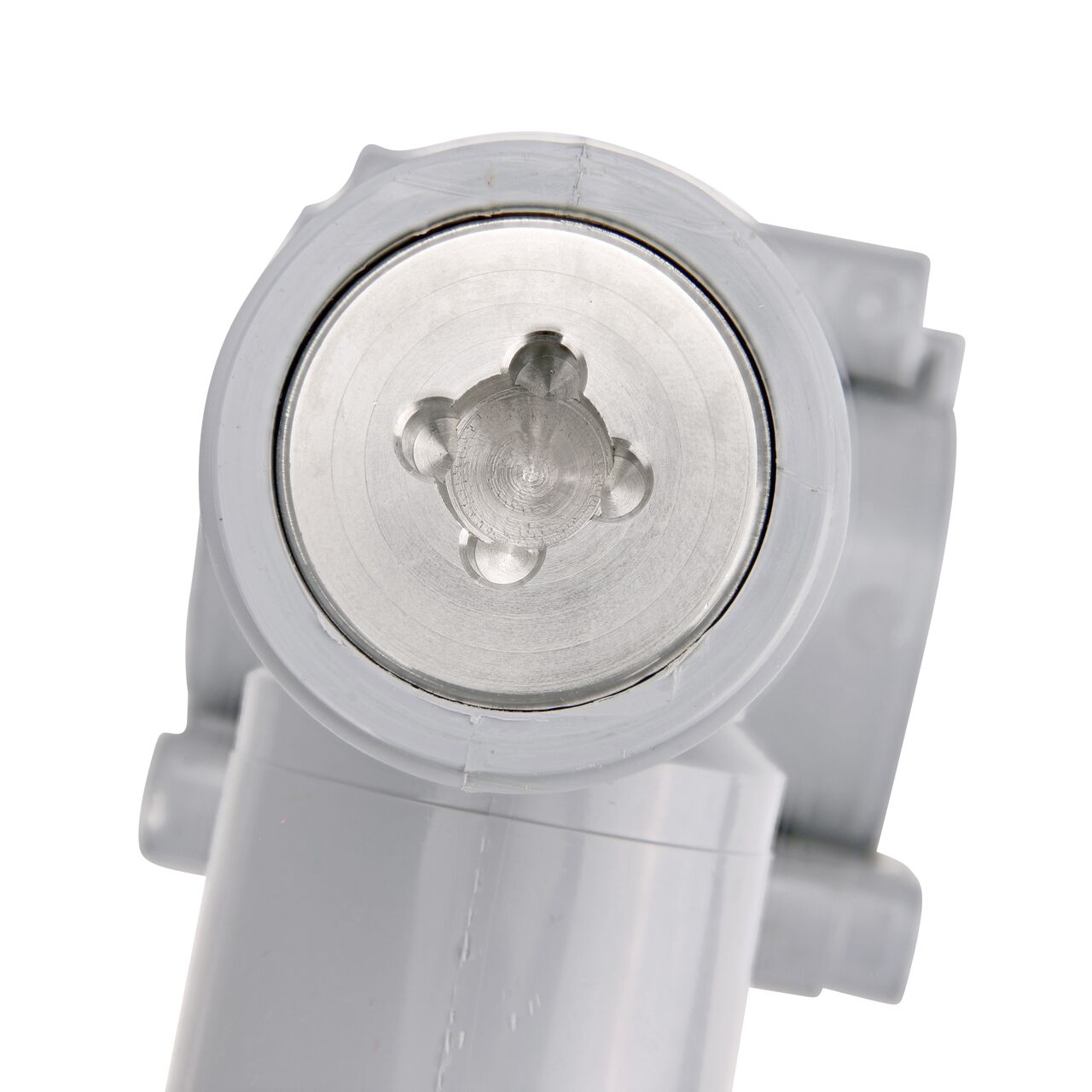 Closeup view of the built-in saw tooth cutter in the top connection of the 2 in. NDS Flo-Tap™ Rigid PVC saddle with 1-1/2 in. socket or 2 in. spigot which cuts easily through PVC pipe wall and captures debris before it can enter the water supply (NDS 3220)