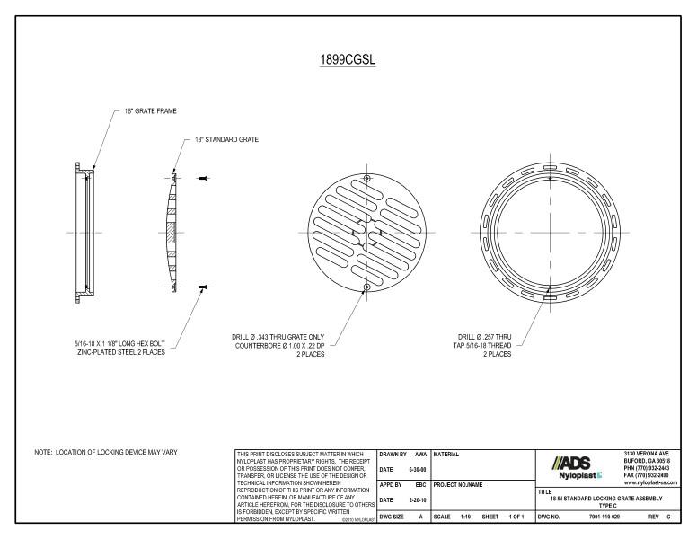 18" Standard Locking Grate Assembly Nyloplast Detail