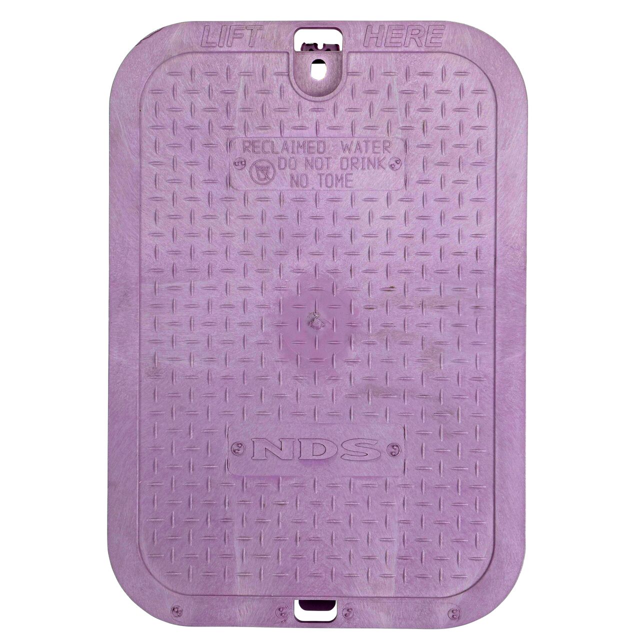 Top down view of the top side of the Purple Reclaimed Water cover for the NDS 14 X 19 in. Rectangular Standard Series Valve Box Extension (NDS 115TBCR) showing the Purple Reclaimed Water markings