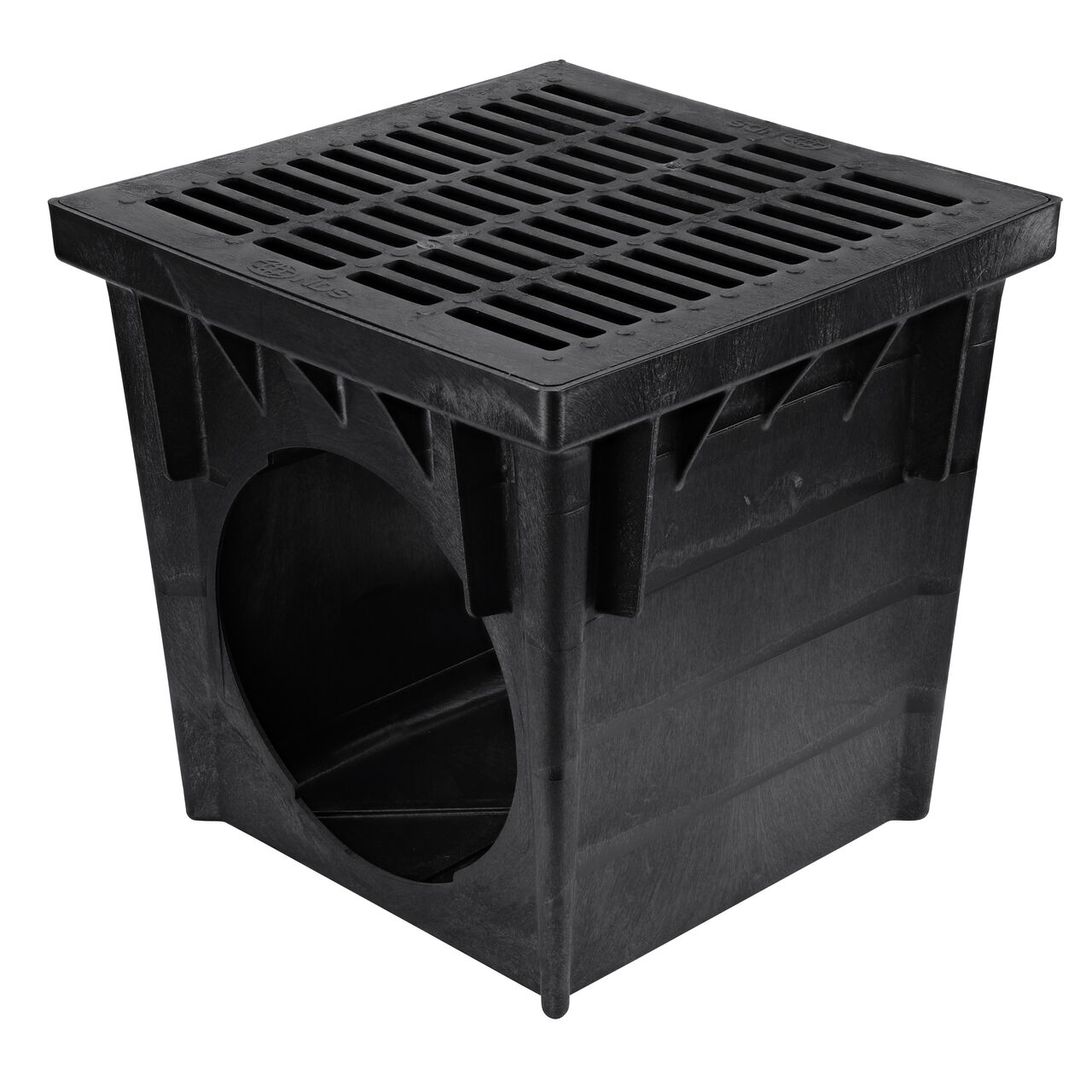 Alternate shot of 24 in. NDS Square Catch Basin Drain Grate, Black Plastic (NDS 2411) sitting on a NDS 24 in. Square Catch Basin (NDS 2400)
