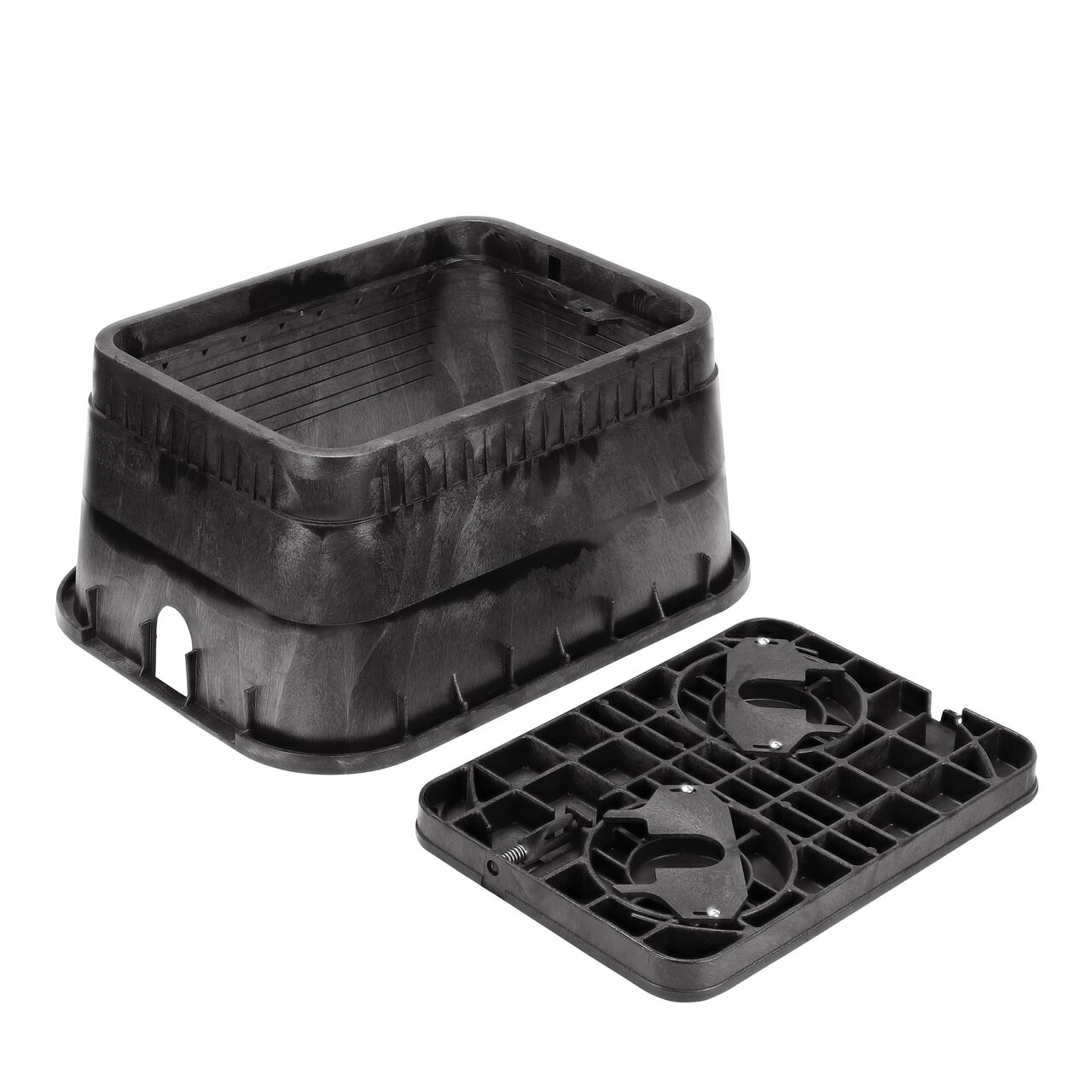 Unassembled View of the NDS 13 in. X 20 in. Rectangular AMR meter box and Black Water Drop-in lid cover (NDS D15-BAMR) with locking bottom mount AMR cover