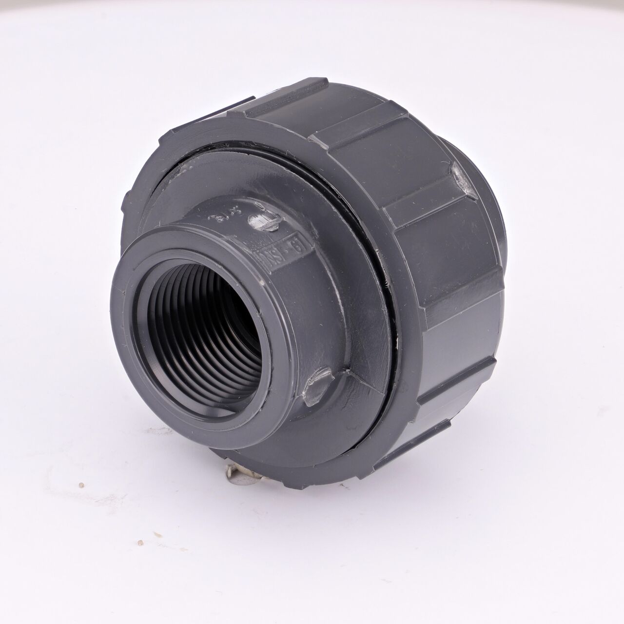 The NDS 3/4 in. PVC FPT Union connects two 3/4 in. schedule 80 pipes with MPT ends to create a leak-resistant connection without the need for traditional glued sealant (NDS U-0750-T)