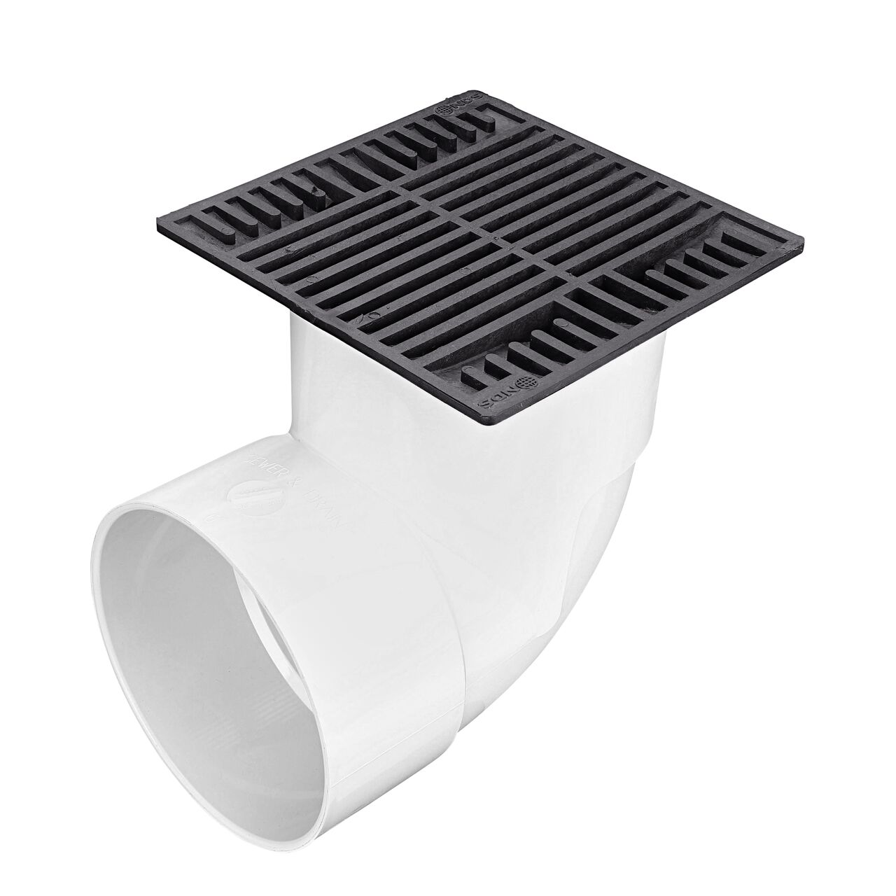 NDS 8 in. Square Grate installed on 6 in. Sewer and Drain Fitting, or Elbow (NDS M881, NDS 881)