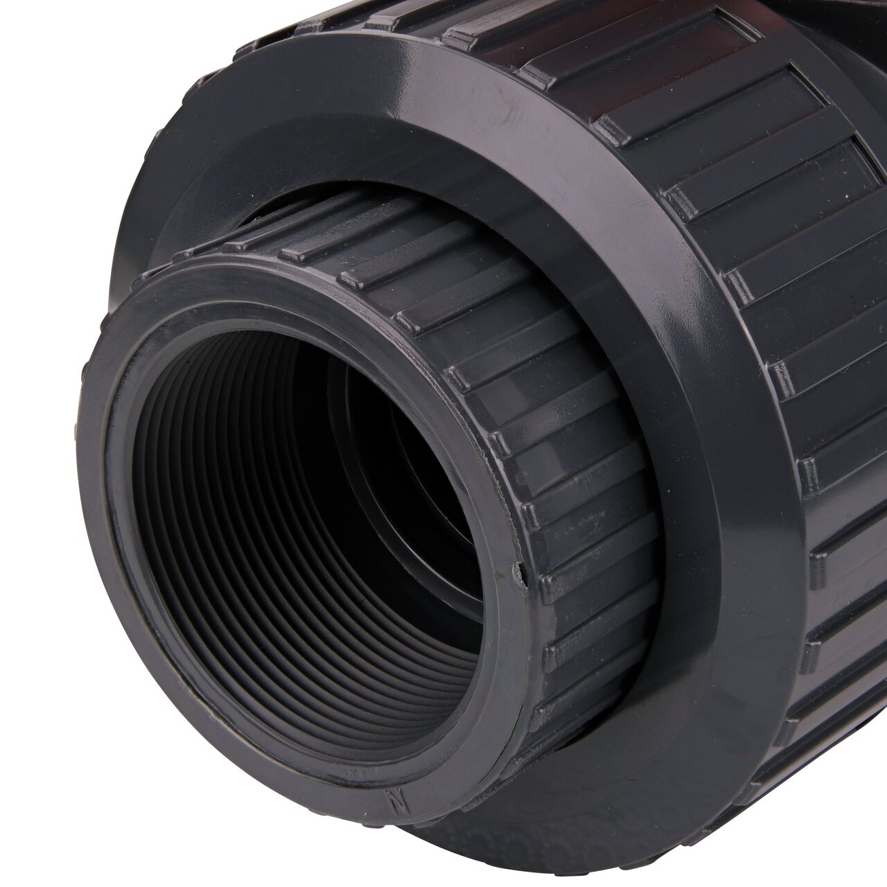 Close up view of the threaded end on the 2 in. PVC Slip & Threaded True Union Ball Valve (NDS BTU-2000-E) and how it connects to 2 Schedule 80 pipe