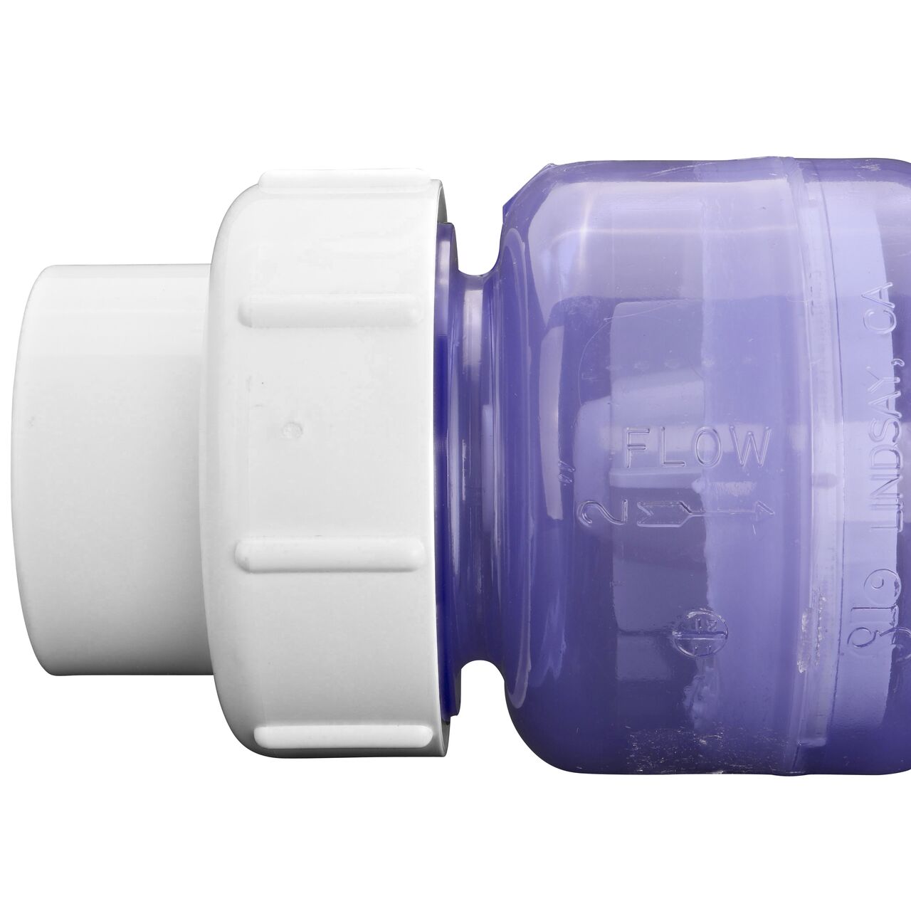 Closeup of the inlet end and the inside of the NDS Clear 2 in. slip end by slip end with 1/2 lb. spring PVC True Union Spring Check Valve (NDS 1700C20)