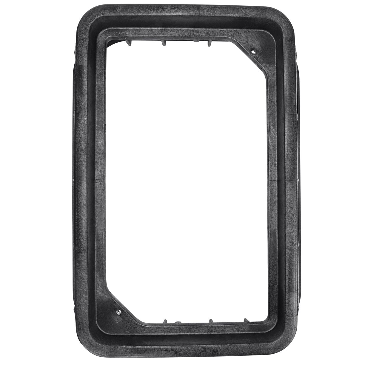Top down view of the inside of the durable black plastic 13 in. x 24 in. Rectangular Pro-Spec® Series Valve Box (NDS 325B) showing bolt hole, and how the valve cover is secured to the valve box