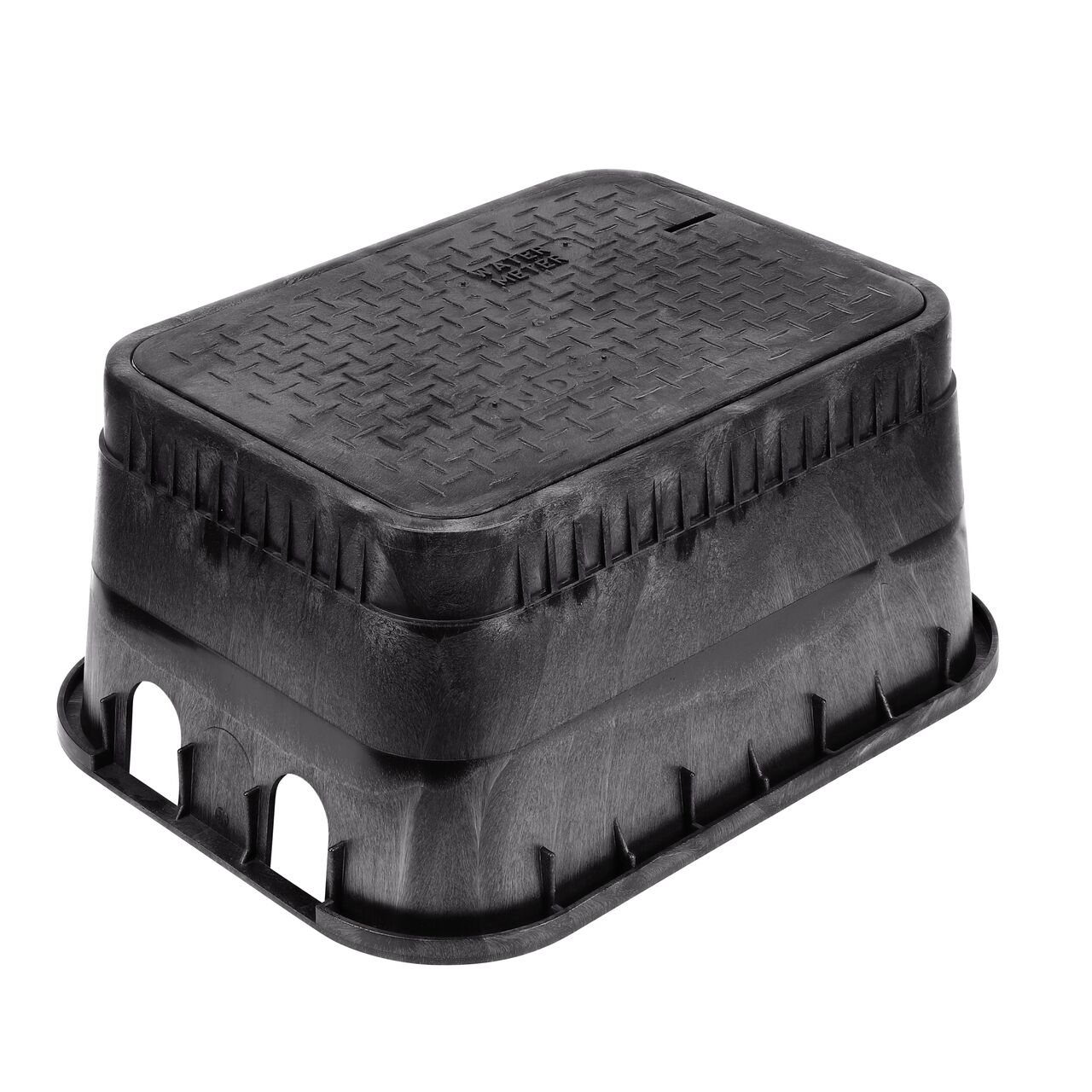 The NDS 13 in. X 20 in. Rectangular AMR Meter Box and Cover is a 12 in. high Black Box with dual pipe slots and Black Cover with Water Meter markings on the locking AMR bottom mount Drop-in lid (NDS D15DU-BAMR)