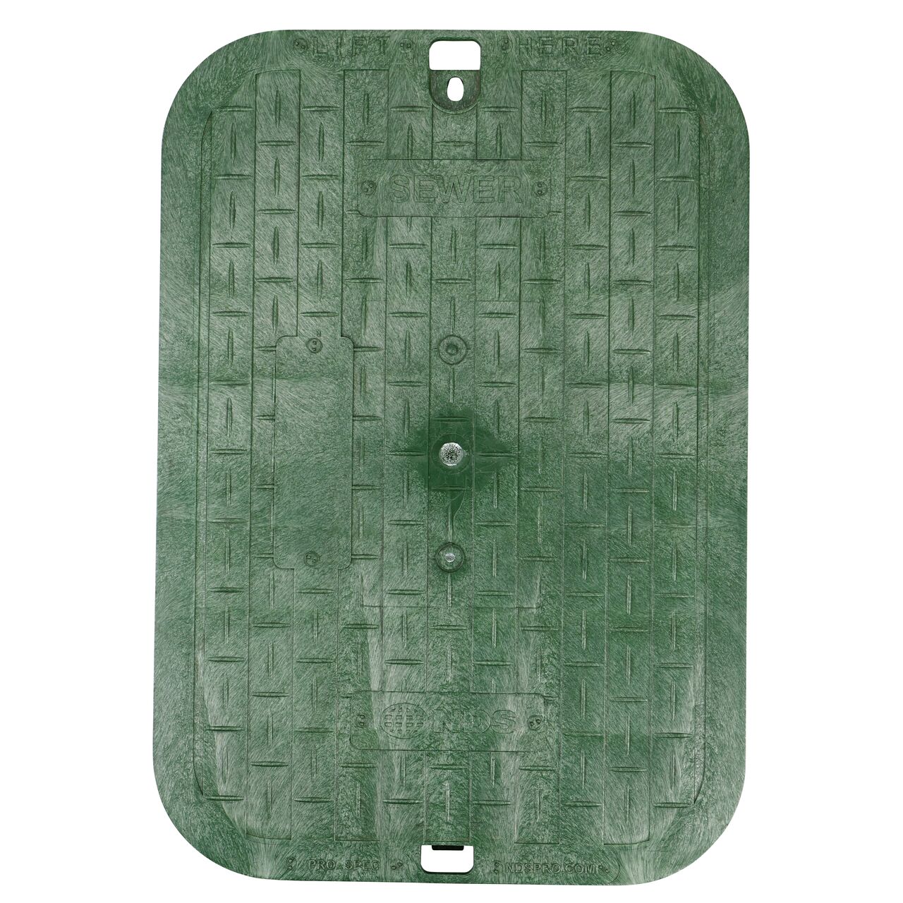 Top down view of the top side of the Green Sewer cover (NDS 317CS) for the NDS 13 in. X 20 in. Rectangular Pro-Spec® Series