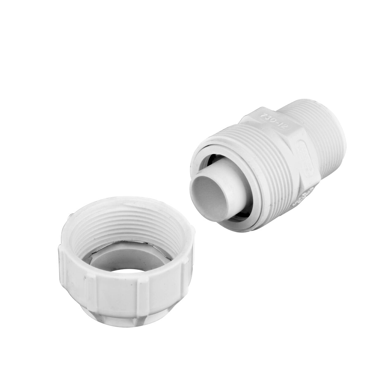 Unassembled NDS 1-1/4 in. SDR-9 X 1-1/4 in. MPT Flo-Lock™ Gripper Adapter showing where the two ends come apart to secure the adapter to the pipe (NDS 730-12)