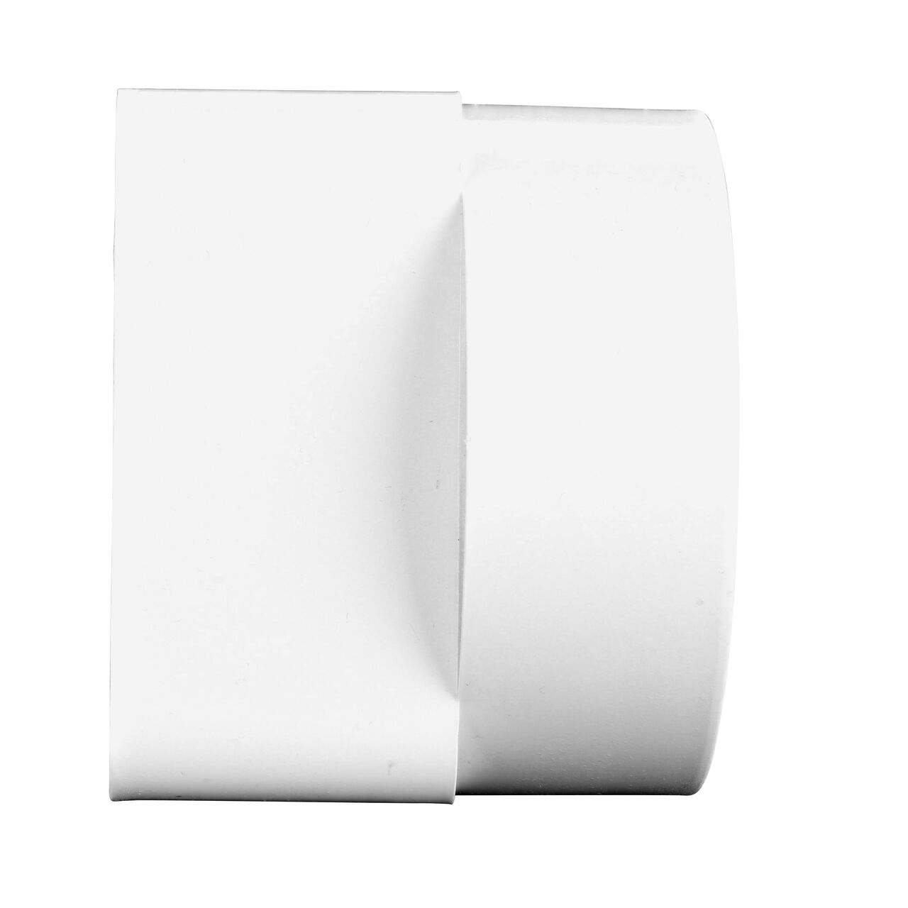 Side view of the PVC offset downspout adapter showing either end that connects to a 3X4 in. Downspout and a 4 in. DWV/SCH40 Hub (NDS 9P09)