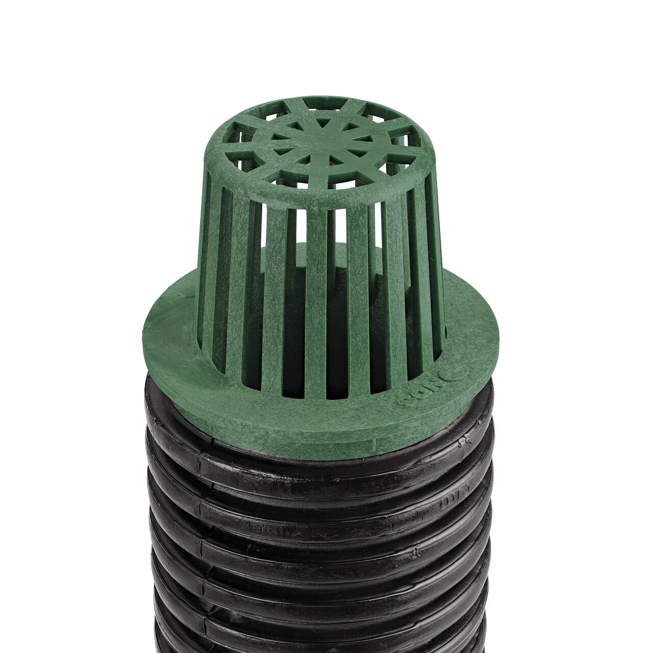 NDS Green Plastic 3 in. Atrum Grate (NDS 70) installed to 3 in. Single-Wall Corrugated Pipe