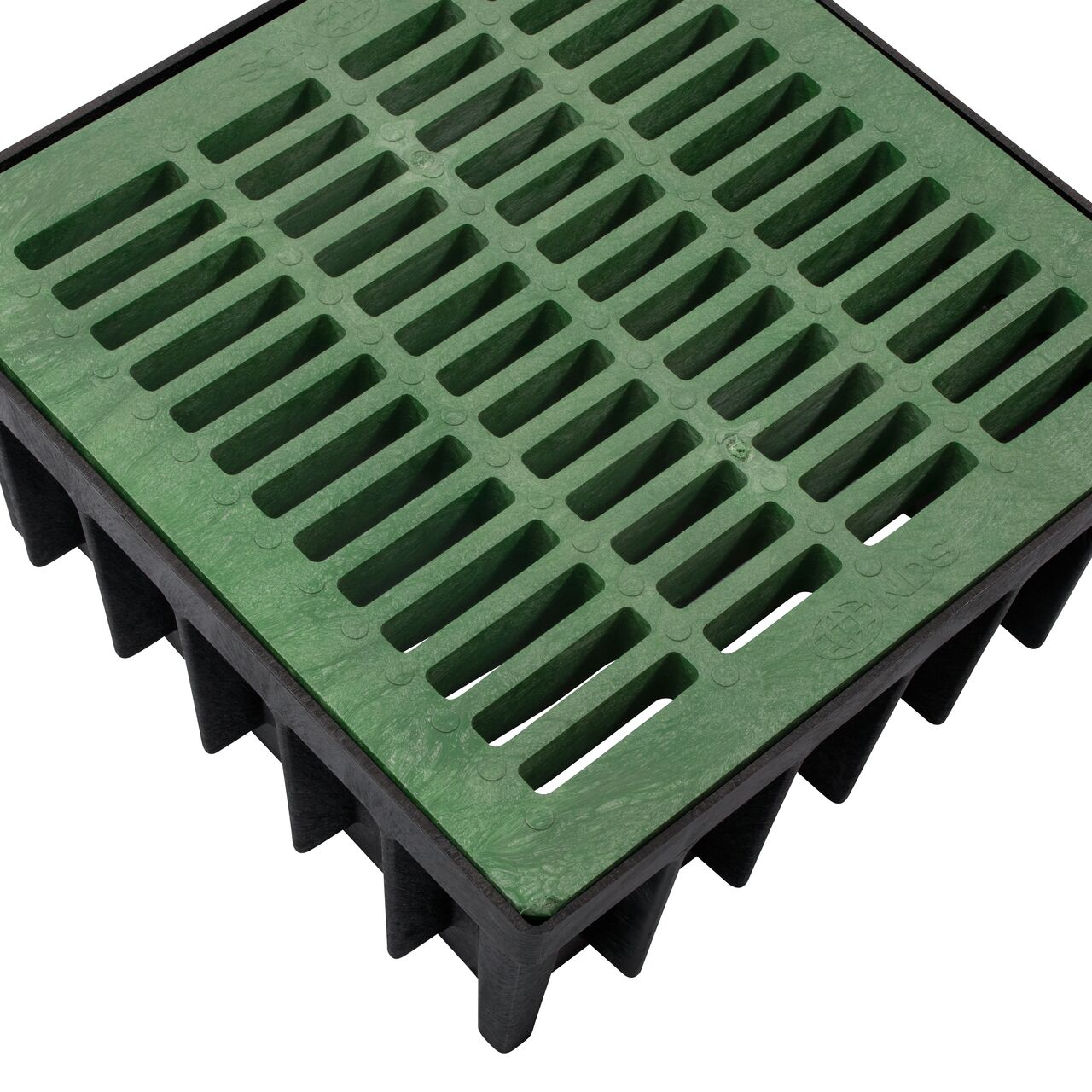 Top down closeup view of the 8 in. Riser for the 24 in. Square Catch Basin Drain with a 24 in. green grate (NDS 2412) installed