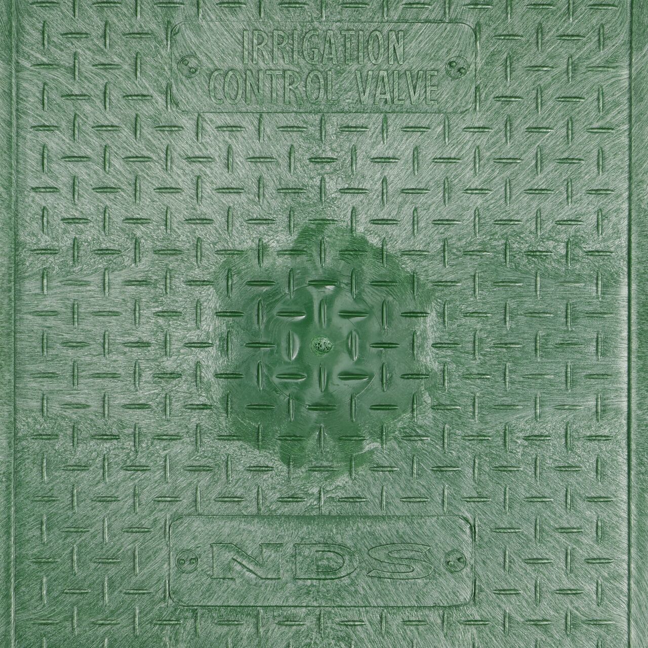 Closeup view of the Irrigation Control Valve markings on the Green Irrigation Control Valve cover for the NDS 14 in. x 19 in. Rectangular Standard Series Valve Box (NDS 115TBC) Tapered Extension