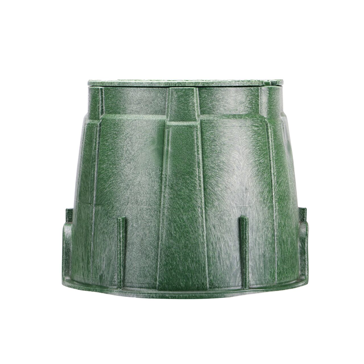 Side view of the non-pipe hole side of the NDS 10 in. Round Pro-Spec® Series Valve Box & Sewer Cover (NDS 312BCS) which is engineered for superior strength with structural reinforcing ribs