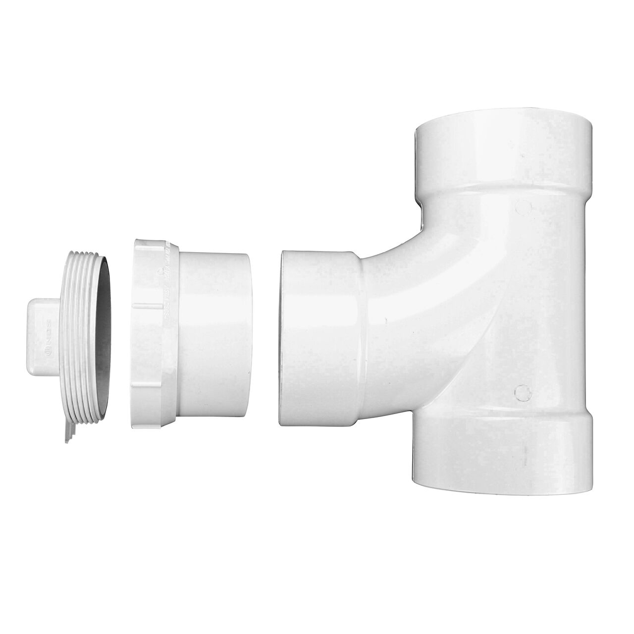 Exploded view of the NDS 4 in. PVC Sewer and Drain 3-Way Sanitary Tee (NDS 4P09C*, NDS 4P09*, NDS 4P09) with 4 in. PVC S&D Female Fitting Cleanout Adapter and 4 in. MPT PVC S&D Cleanout Plug