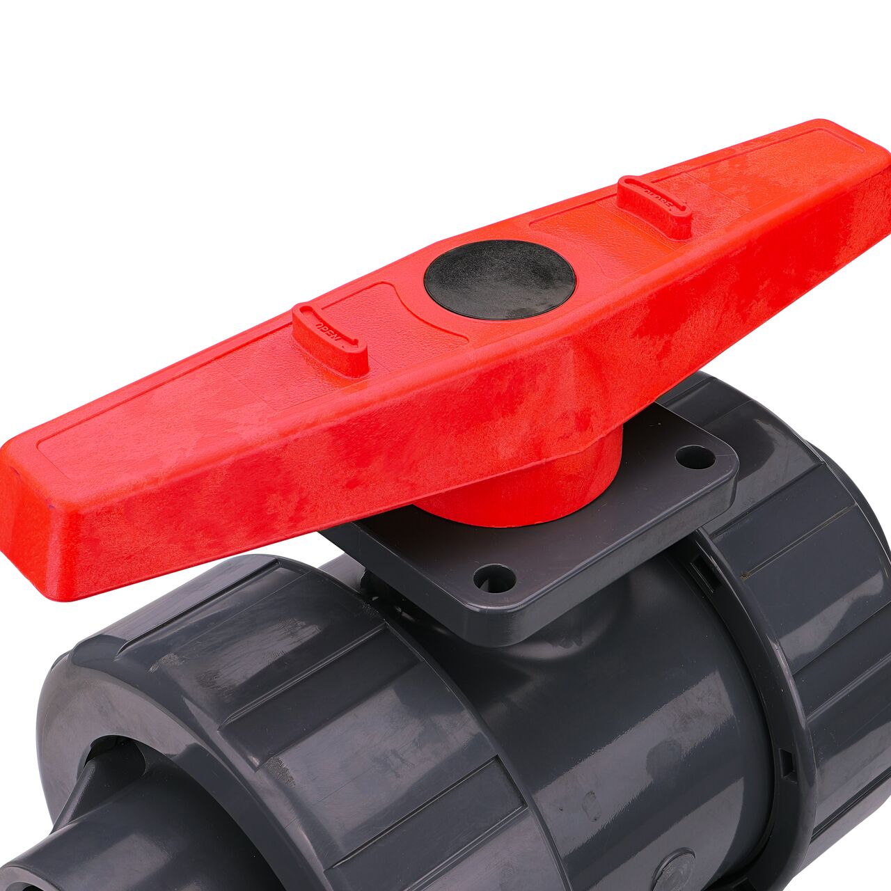 Closeup view of the easy to turn, two-sided handle on the 2-1/2 in. PVC Slip True Union Ball Valve (NDS BTU-2500-SE)