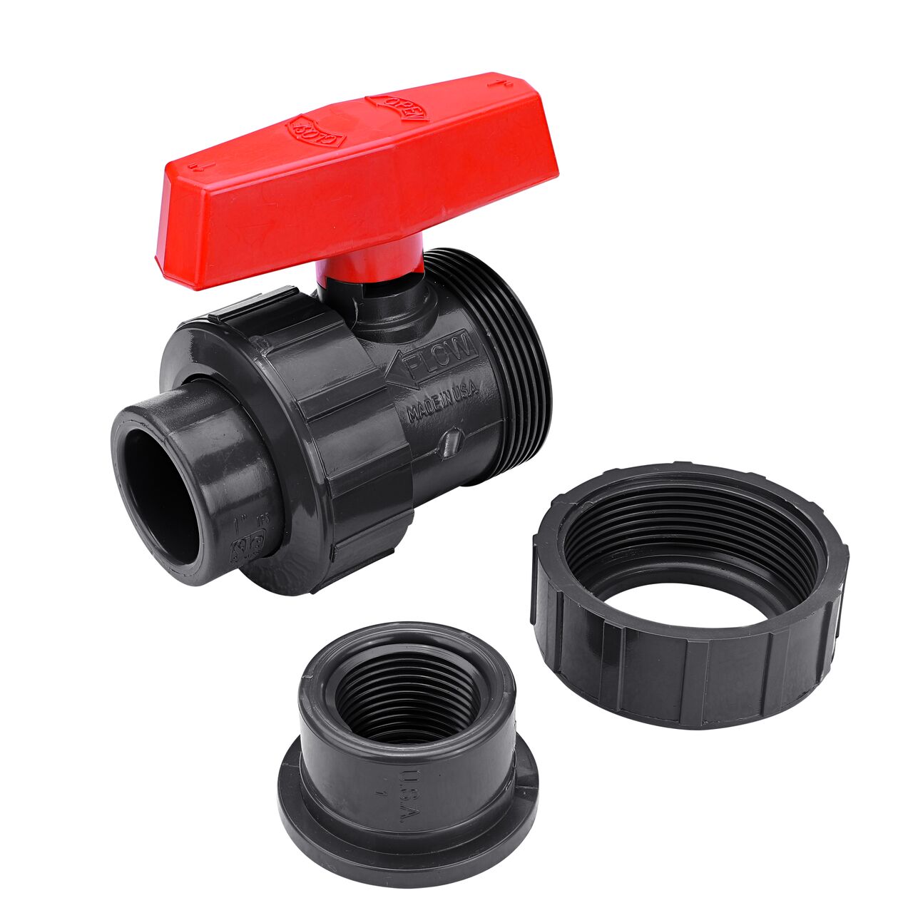 Close up view of the slip end on the 1 in. PVC Slip & Threaded True Union Ball Valve (NDS BTU-1000-E) and how it connects to 1 in. Schedule 80 pipe