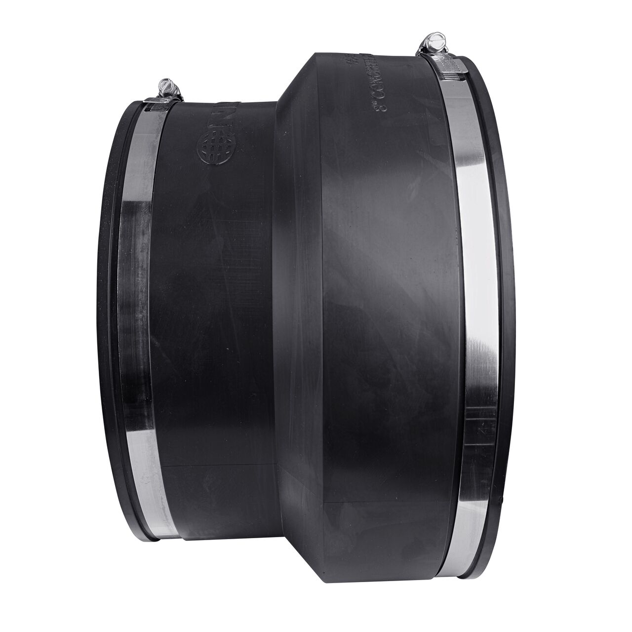 The NDS 8 in. flex coupling for concrete pipe to cast iron or plastic pipe, in horizontal position, is made with material that flexes with normal earth movement (NDS 06-88)