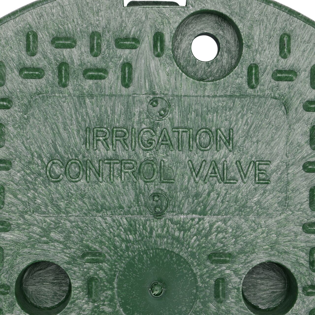 Closeup view of the Irrigation Control Valve markings on the NDS Green Irrigation Control Valve cover for the NDS 10 in. Round Standard Series Valve Box (NDS 111BCB)