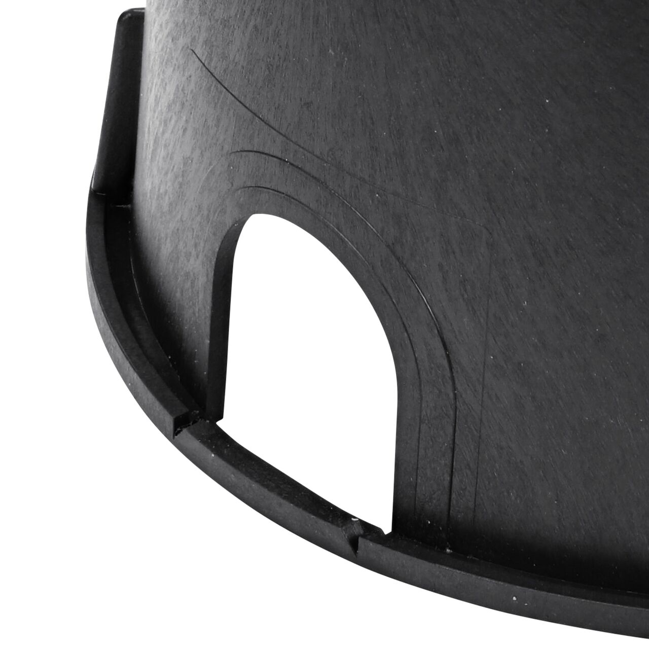 Closeup view of the pipe hole on the black NDS 10 in. Round Standard Series Valve Box (NDS 111BCBW) for water and irrigation pipe connections