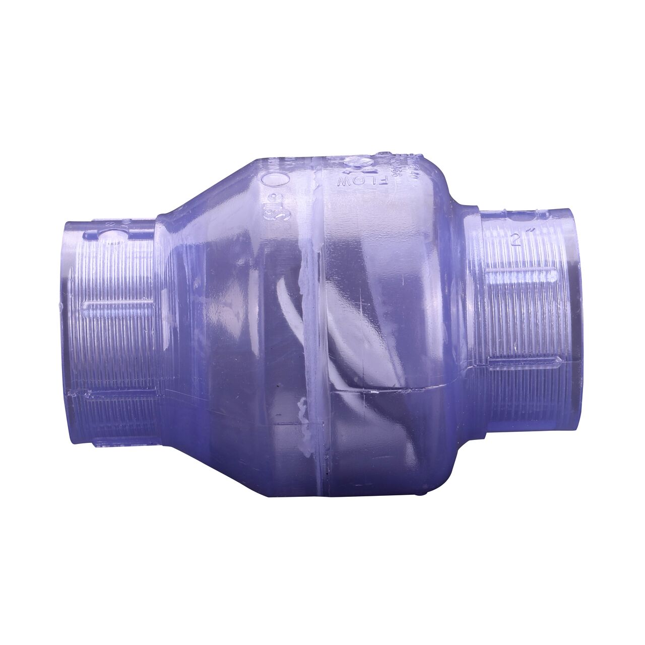 Side to side view of the NDS Clear 2 in. female end by female end PVC Swing Check Valve (NDS 1520C20F) which prevents backflow in pipelines