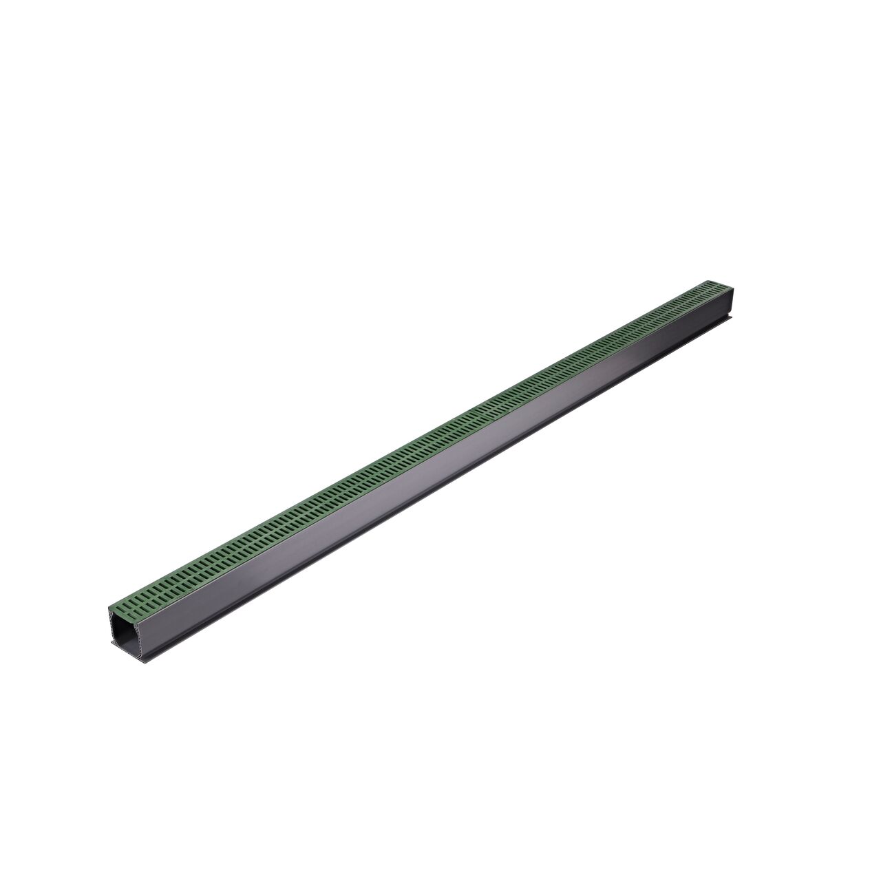 Two Green Plastic Mini Channel™ Drain Grates (NDS 542) as they fit on one Mini Channel™ Drain (NDS 500)