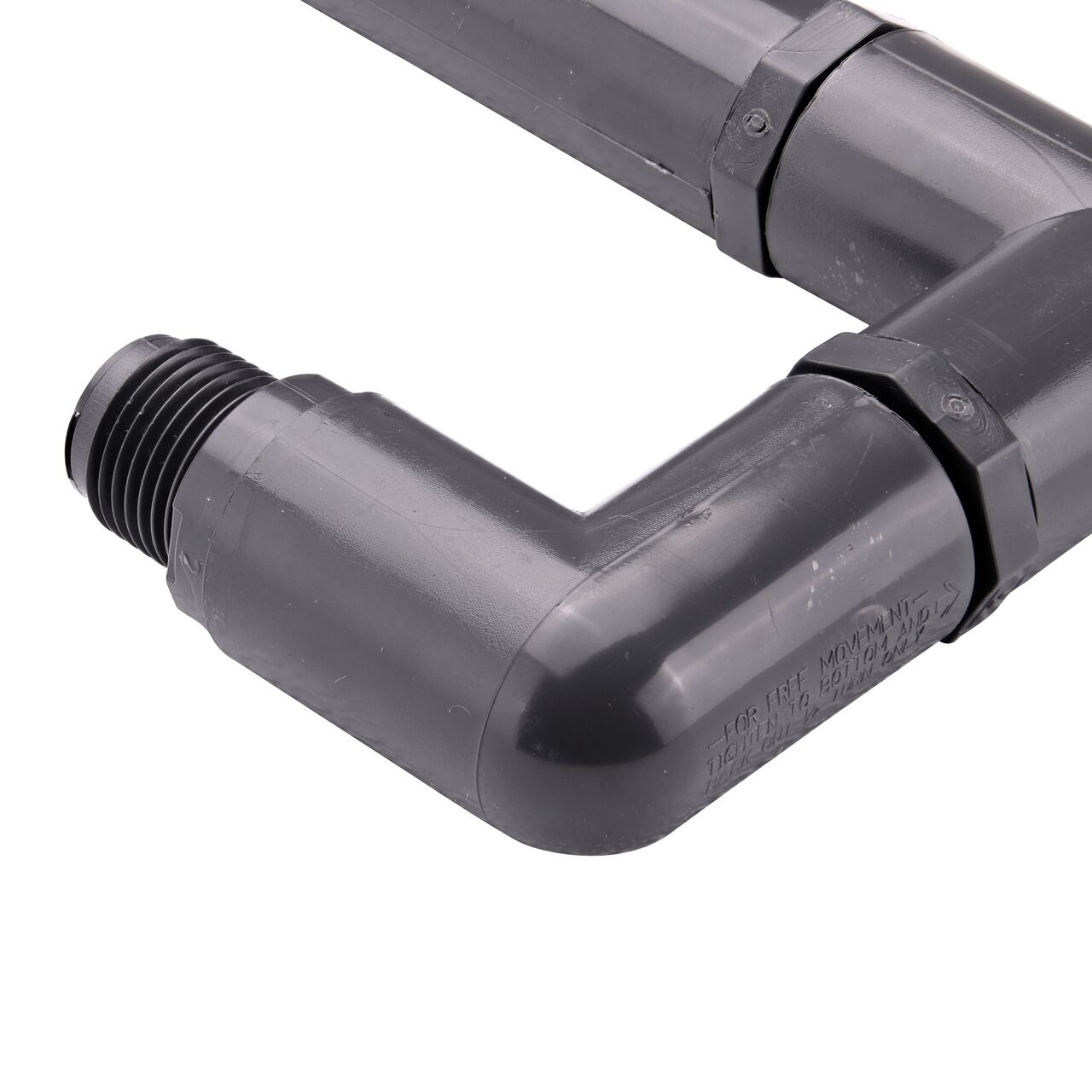 Closeup view of the 1/2 in. MPT end on NDS PVC Triple Swing Joints Assembly, Sch. 80 1/2 in. spigot X 1/2 in. MPT that connects pipe for subsurface irrigation and sprinkler applications (NDS TSA-0500-ST)