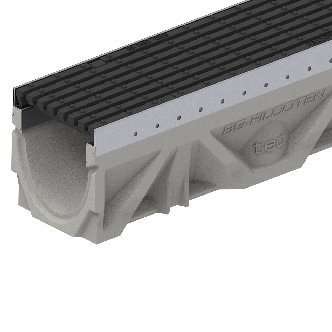 Closeup view of the class C bar design ductile iron BG-FILCOTEN® 100 Trench Drain Grate (NDS 17010106) installed on the BG-FILCOTEN® 100 Trench Channel Drain with female end showing