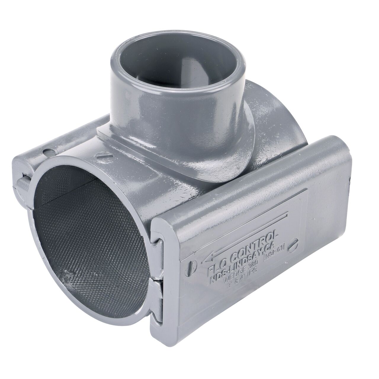 The NDS Clamp-It™ Rigid PVC Saddle with 2 in. slip connection on top (NDS 453020) for 3 in. PVC pipe has a patented wedge design to install a sprinkler irrigation system to existing pipe without any bolts