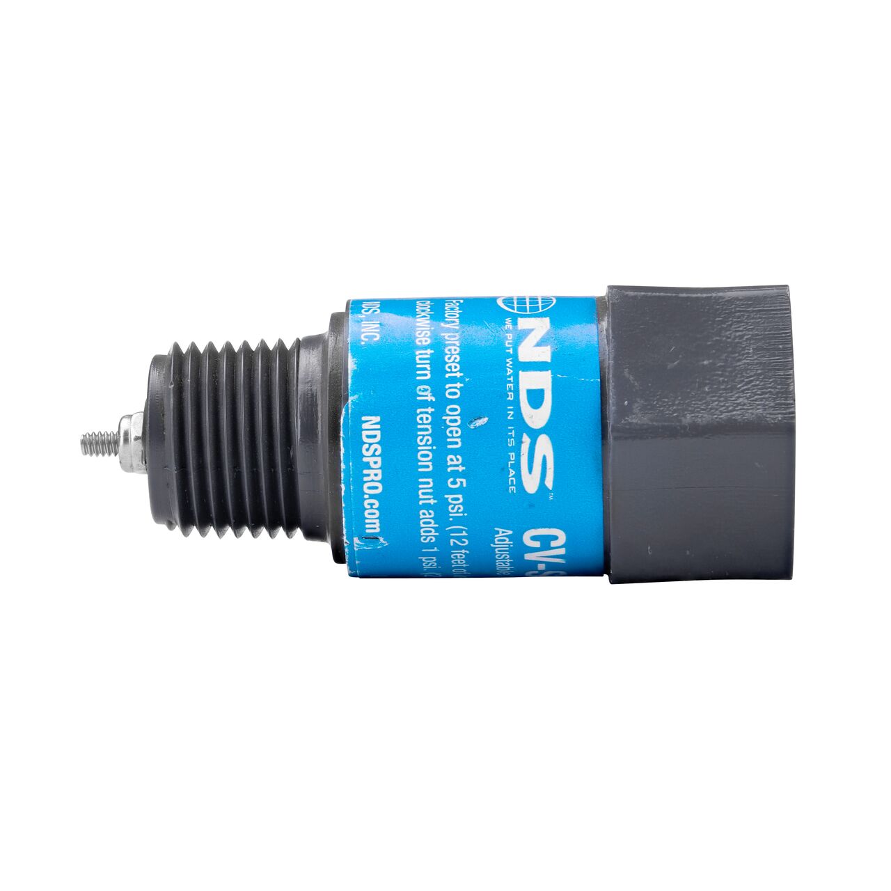Side view of the NDS Gray 1/2 in. IPS MPT X FPT PVC Adjustable Inline Spring Check Valve (NDS CV-0500-MF)