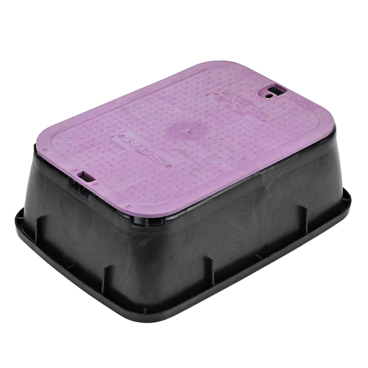 The NDS 14 X 19 in. Rectangular Standard Series Valve Box Tapered Extension and Cover is a 6-3/8 in. high Black Box and Purple Cover with Reclaimed Water markings on the Overlapping lid (NDS 115TBCR) and protects underground irrigation and sprinkler system components and keeps them out of sight