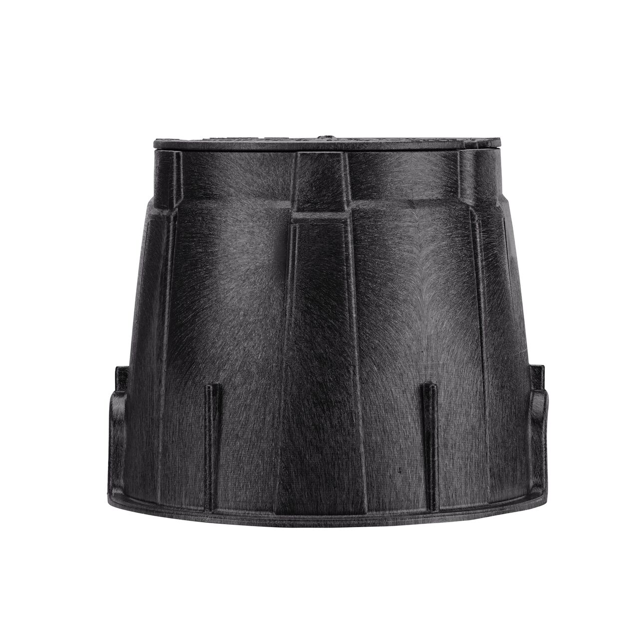 Side view of the non-pipe hole side of the NDS 10 in. Round Pro-Spec® Series Valve Box & Irrigation Control Valve Cover (NDS 311BCBBLK) which is engineered for superior strength with structural reinforcing ribs