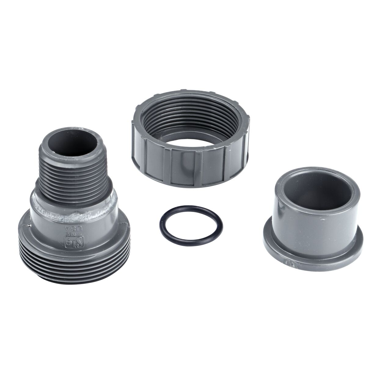 The NDS 1 in. PVC Union shown here unassembled, includes the EPDM O-ring that is placed in the center of the union to create a leak-resistant seal (NDS U-1000-SM)