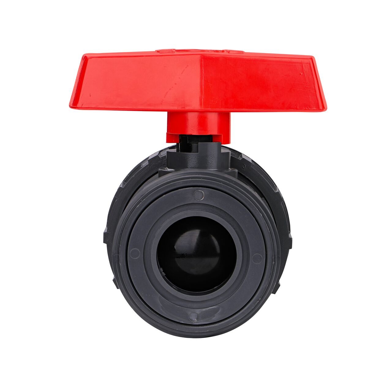 The The 1-1/4 in. PVC Slip & Threaded True Union Ball Valve (NDS BTU-1250-E) shown with the connection end removed with the handle in the closed position to show how ball valve provides a shut off point in the system