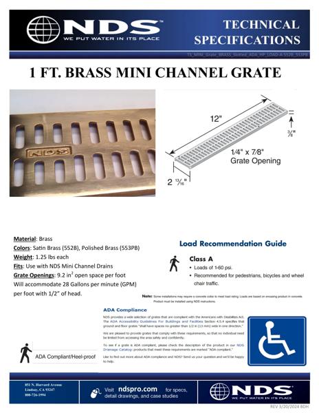 NDS Mini™ Channel Drain Grate Satin Brass Tech Spec