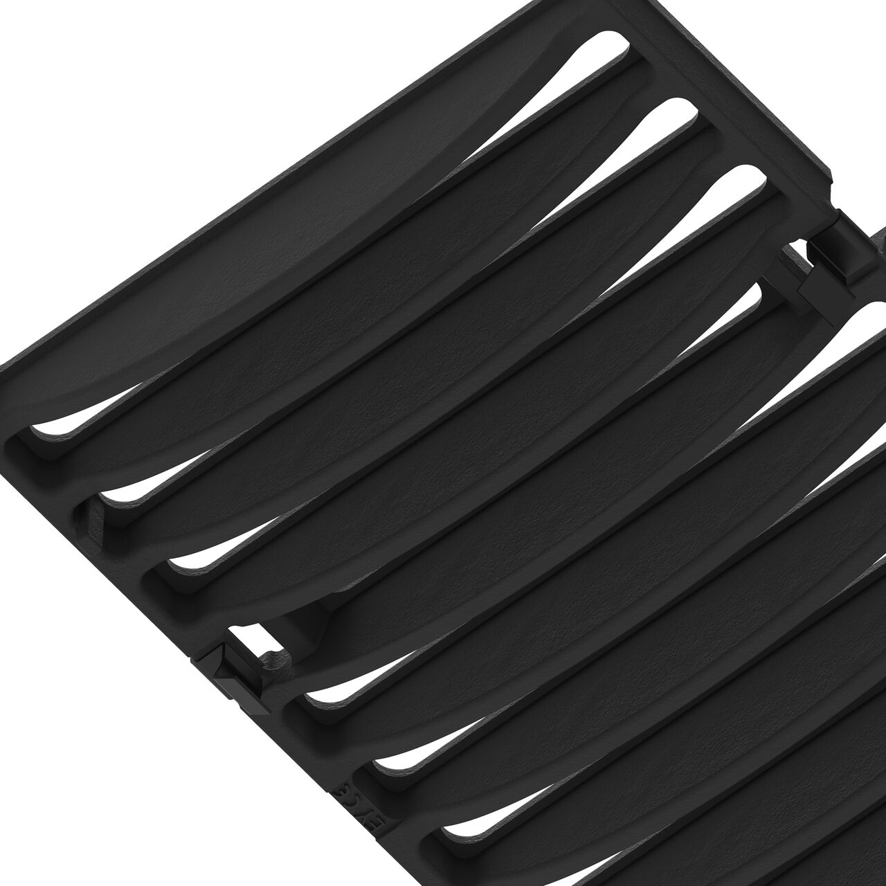 Underside view of the class E load ductile iron bar design BG-FILCOTEN® 200 Trench Drain Grate (NDS 17020105) showing support legs