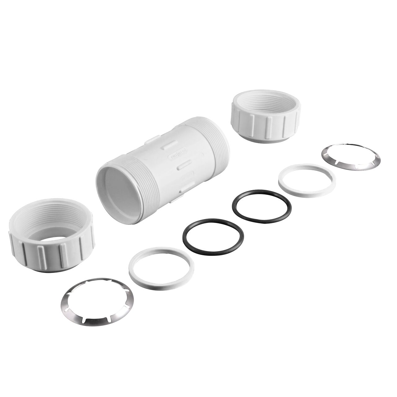 Completely Unassembled NDS 2 in. PVC IPS Coupling for Flo-Lock showing the steel gripper and EPDM O-Ring (NDS 112-20)