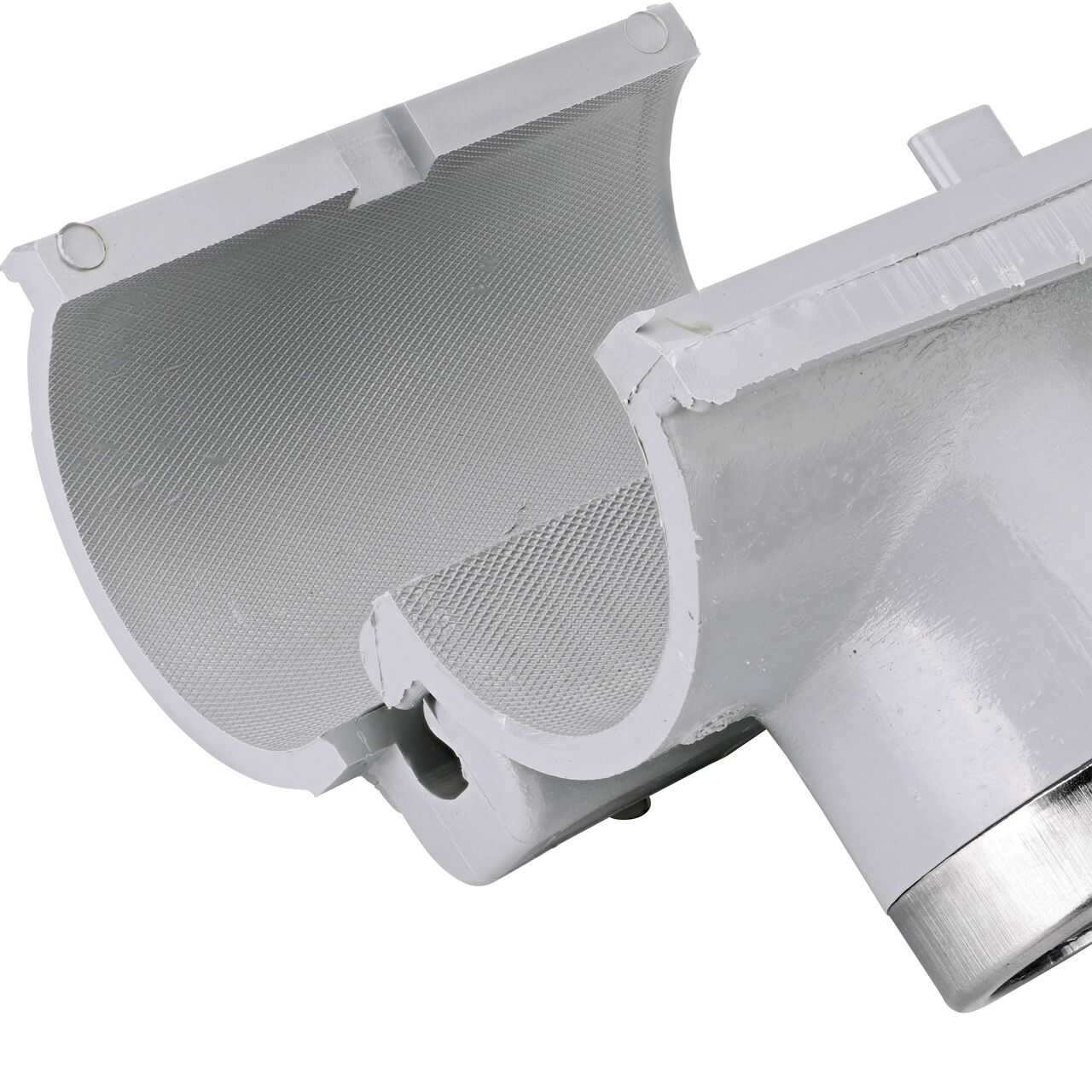 Closeup of the hinge open on the NDS Clamp-It™ Rigid PVC Saddle with 1-1/2 in. FPT connection on top (NDS 422015) for 2 in. PVC pipe