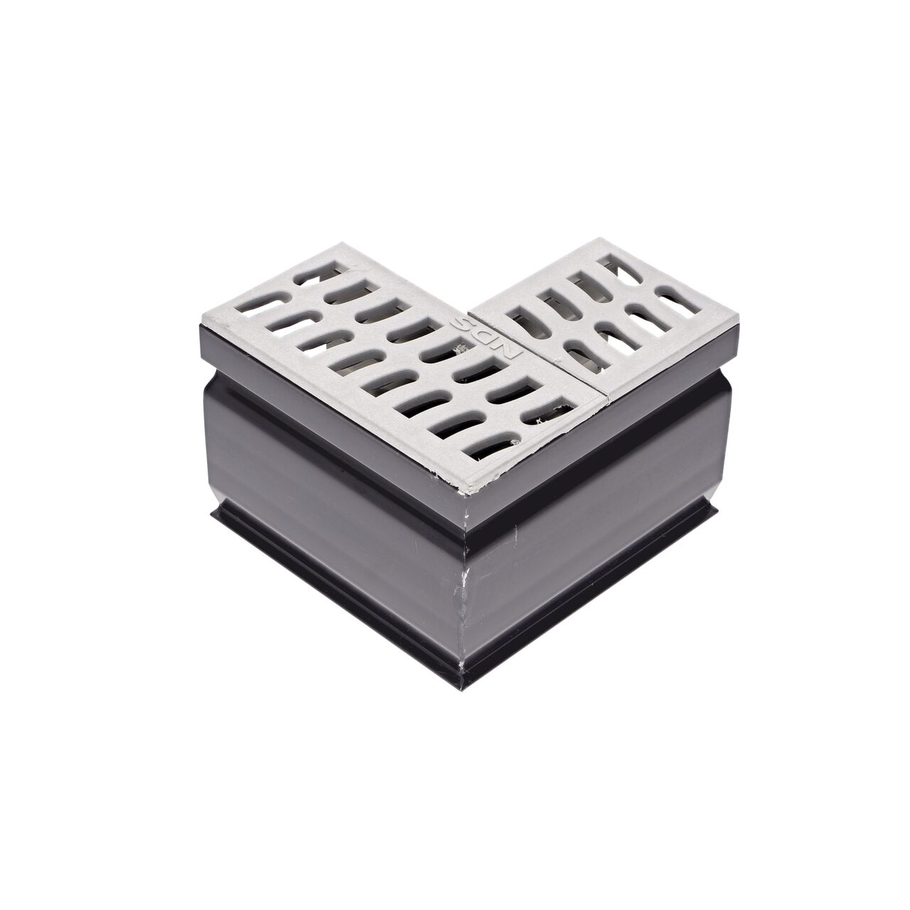Outside view of the Gray Slim Channel™ Drain 90° Elbow and Grate (NDS 3983)