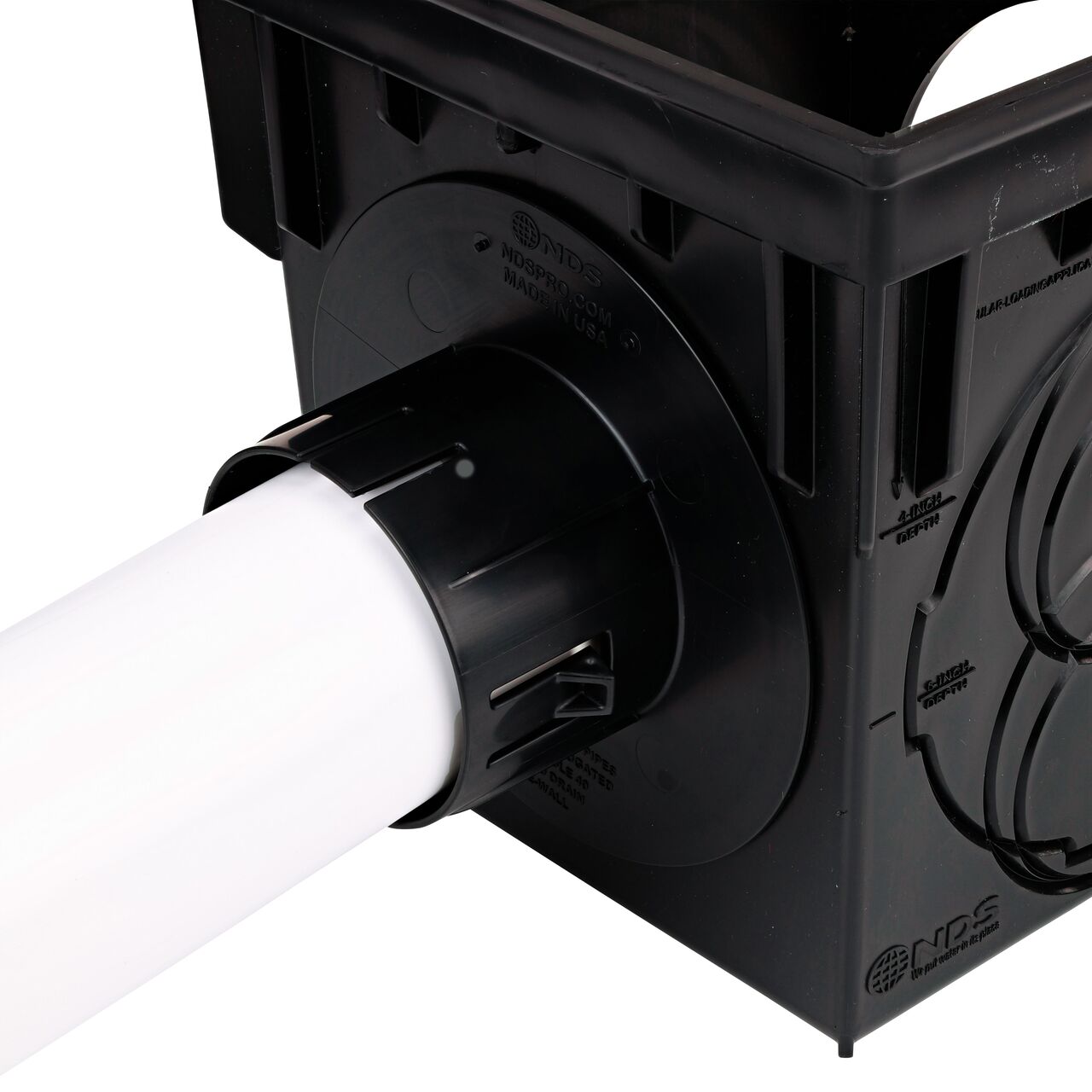 Step 3 in how to connect the 9 in. Square 2-opening Catch Basin Drain (NDS 900, NDS 900BLKIT, NDS 900GRKIT, NDS 900SKIT, NDS 900MTLKIT) to pipe is to install 3 in. sewer and drain pipe into adapter for a soil-tight fit