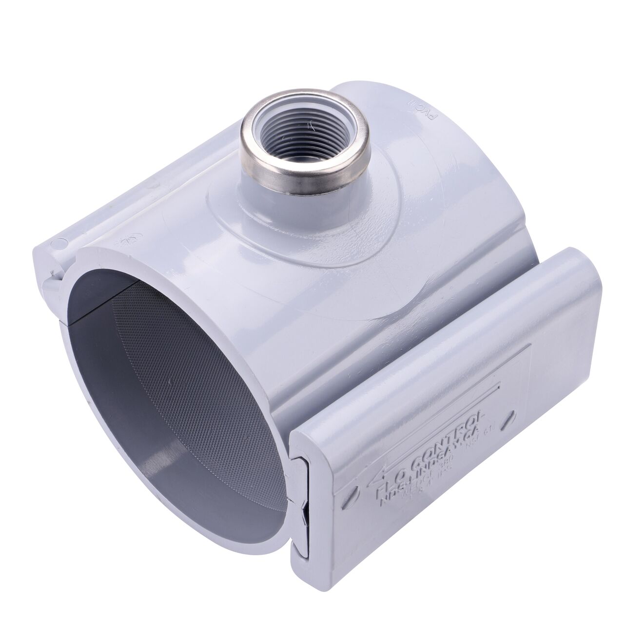 The 1 in. FPT outlet at the top of the NDS Clamp-It™ Rigid PVC Saddle (NDS 444010) for 4 in. PVC pipe adds a riser or sprinkler to an existing pipeline for agricultural or mining applications
