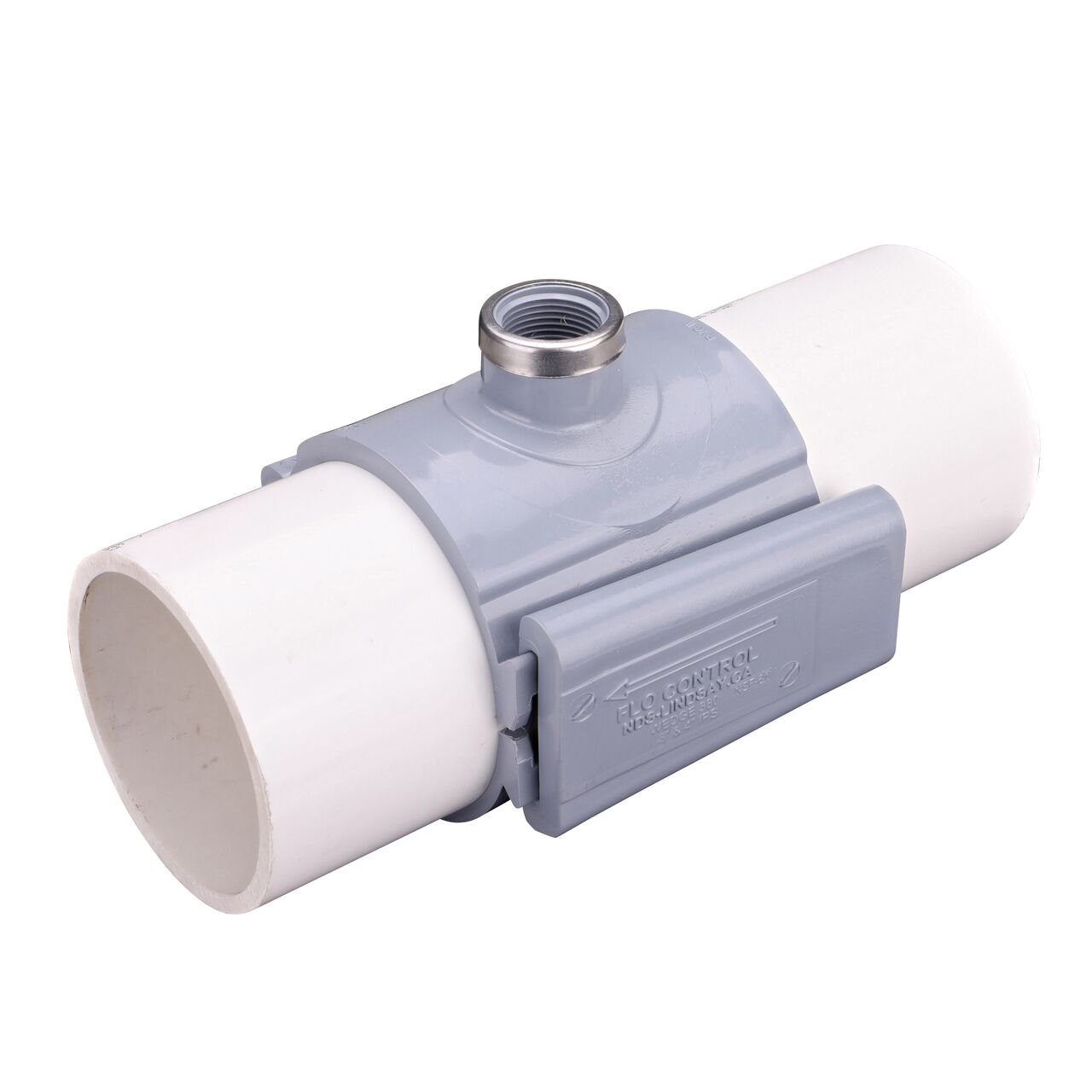 The NDS Clamp-It™ Rigid PVC Saddle with 1 in. FPT connection on top (NDS 444010) installed onto 4 in. PVC pipe with the wedge closure fully secure