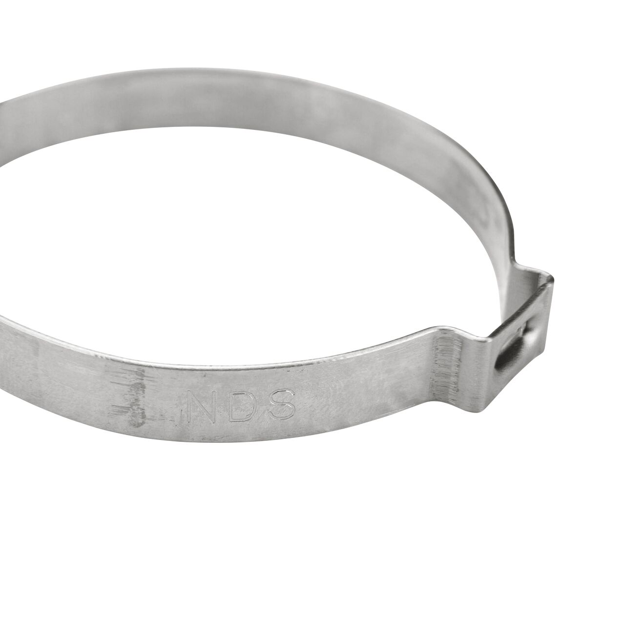 Closeup side view of the NDS 485R Stainless Steel Pinch Clamp (NDS NC-155000-031) that works with most soft hose and rigid plastic pipe to transport water and prevent leaks in pressurized systems